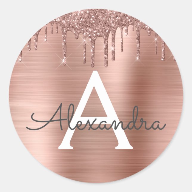 Rose Gold - Rosa Rosa Glitzer Metal Monogramm Name Runder Aufkleber (Vorderseite)