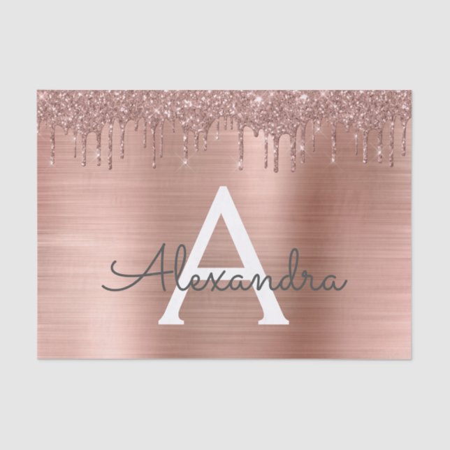 Rose Gold - Rosa Rosa Glitzer Metal Monogramm Name Seidenpapier (Vorderseite)
