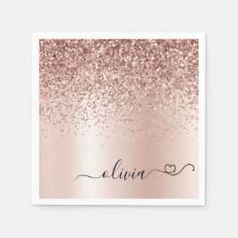 Rose Gold - Rosa Rosa Glitzer Metal Monogramm Name Serviette
