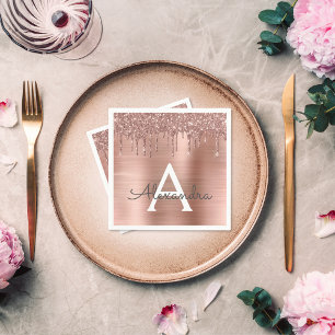 Rose Gold - Rosa Rosa Glitzer Metal Monogramm Name Serviette
