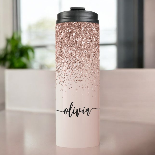 Rose Gold - Rosa Rosa Glitzer Metal Monogramm Name Thermosbecher (Von Creator hochgeladen)