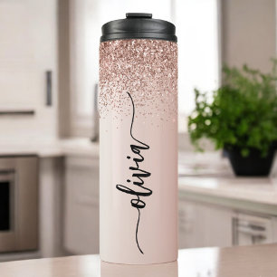Rose Gold - Rosa Rosa Glitzer Metal Monogramm Name Thermosbecher