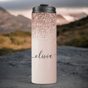 Rose Gold - Rosa Rosa Glitzer Metal Monogramm Name Thermosbecher