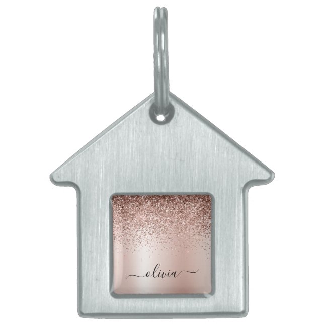 Rose Gold - Rosa Rosa Glitzer Metal Monogramm Name Tiermarke (Vorderseite)