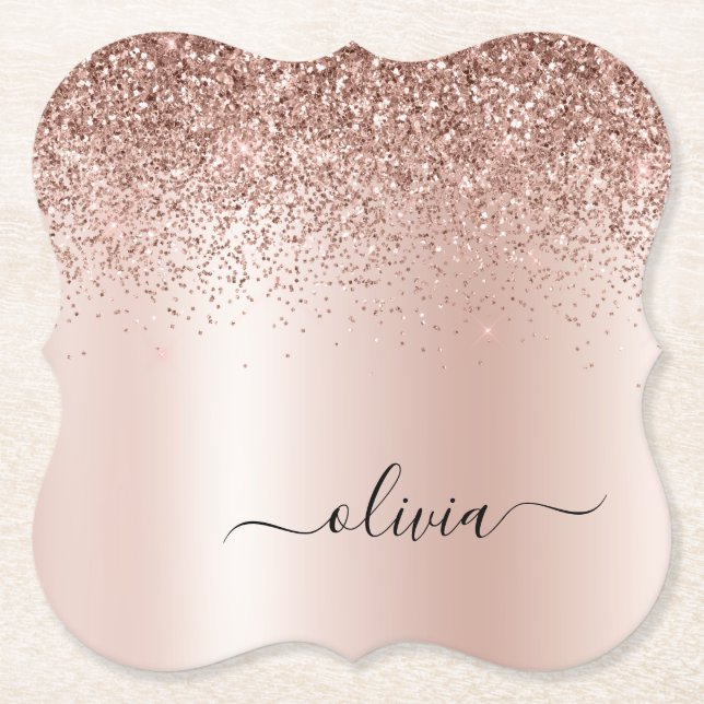 Rose Gold - Rosa Rosa Glitzer Metal Monogramm Name Untersetzer (Vorderseite)