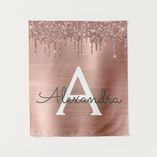 Rose Gold - Rosa Rosa Glitzer Metal Monogramm Name Wandteppich (Vorderseite)