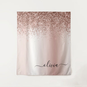 Rose Gold - Rosa Rosa Glitzer Metal Monogramm Name Wandteppich