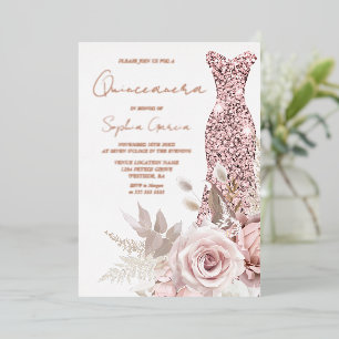 Rose Gold, Rosa Rosa Kleid Quinceanera Real Folieneinladung