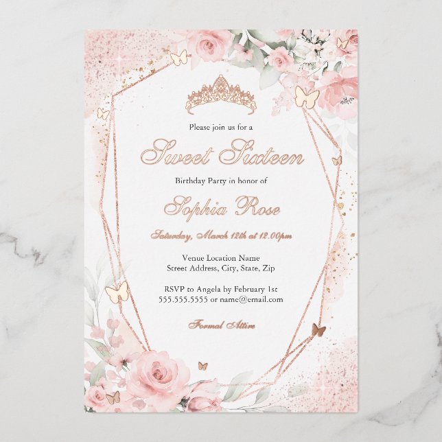 Rose Gold Rosa Rosa Schmetterling Blütencreme Süß  Folieneinladung (Vorderseite)