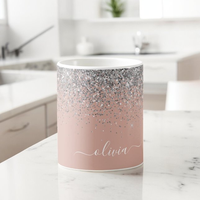 Rose Gold Rosa Rosa Silberne Glitzer Monogram Girl Kaffeetasse (Von Creator hochgeladen)
