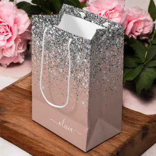 Rose Gold Rosa Rosa Silberne Glitzer Monogram Girl Mittlere Geschenktüte