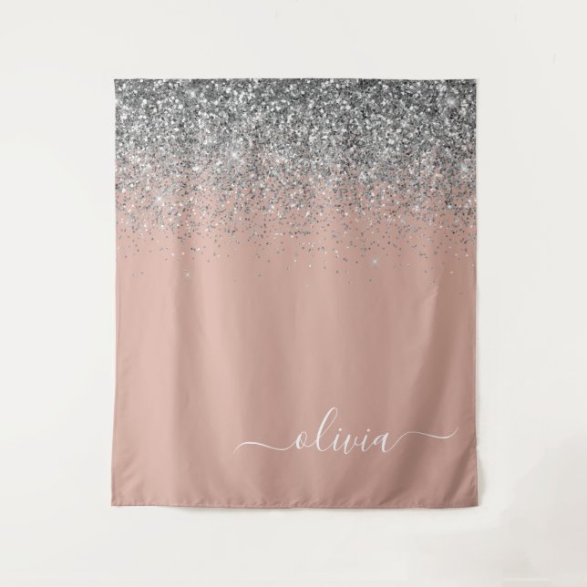Rose Gold Rosa Rosa Silberne Glitzer Monogram Girl Wandteppich (Vorderseite)