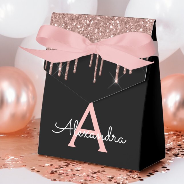 Rose Gold - Rosa Schwarzer Glitzer Monogramm Name Geschenkschachtel (Von Creator hochgeladen)