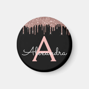 Rose Gold - Rosa Schwarzer Glitzer Monogramm Name Magnet