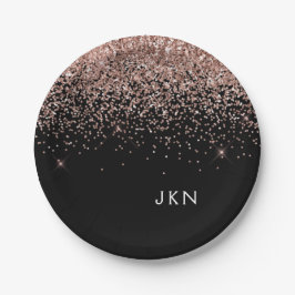 Rose Gold Rosa Schwarzer Glitzer Monogramm Pappteller