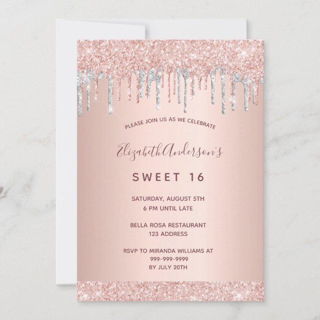 Rose Gold Rosa Silber Sweet 16 Einladung (Vorderseite)