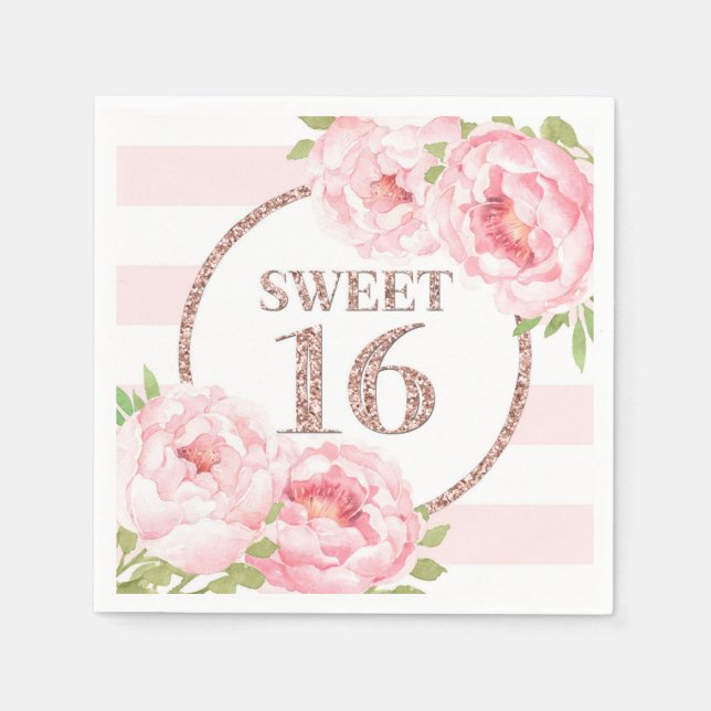 Rose Gold Rosa Streifen Blume Sweet 16 Birthday Serviette (Vorderseite)