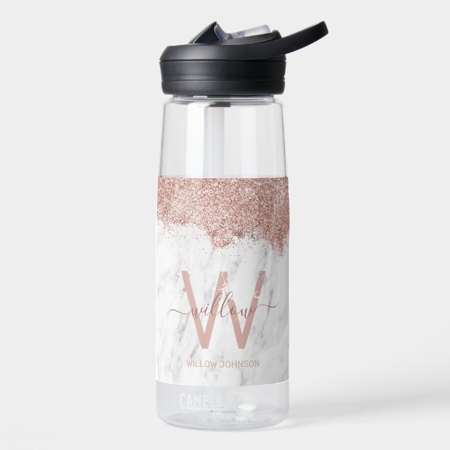 Rose Gold Rosa Weißer Marmor Glitzer Staubmonogram Trinkflasche (Links)