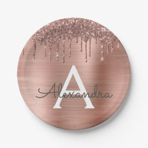 Rose Gold - Rosafarbenes Glitter-Metall-Monogramm- Pappteller