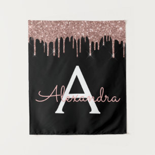 Rose Gold - Rosafarbenes Schwarz Glitter Monogramm Wandteppich