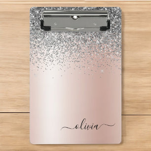 Rose Gold - Rosafarbenes Silber-Glitter-Monogramm Mini Klemmbrett