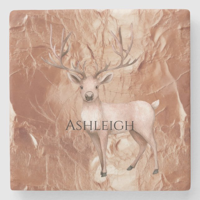 Rose Gold Rosé Pink Boho Hirsch Baum Steinuntersetzer (Vorderseite)
