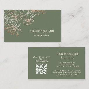 Rose Gold Salbeigrün Linienkunst Floral    QR Code Visitenkarte
