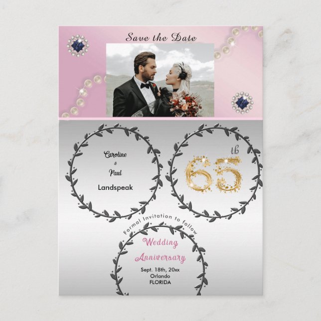 Rose Gold Saphir 65 Jahre Jubiläum Save the Date Postkarte (Vorderseite)