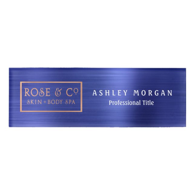 Rose Gold Sapphire Cobalt Blauer Brandname Weiß Namenschild (Vorderseite)