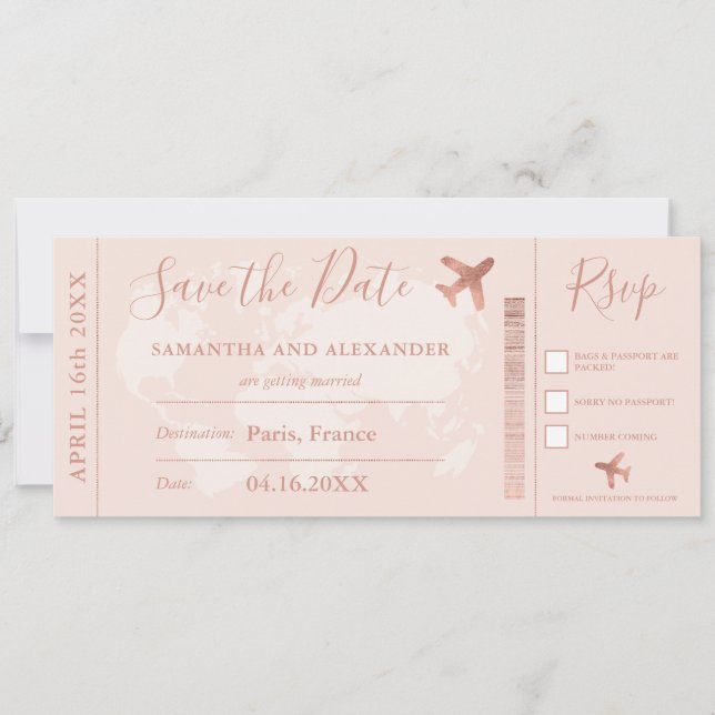 Rose Gold Save the Date Weltkarte Boarding Pass (Vorderseite)