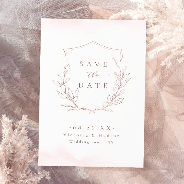 Rose Gold schlichte Eleganz botanisches Wappen Hoc Save The Date (Rose gold simple elegance botanical crest wedding save the date)