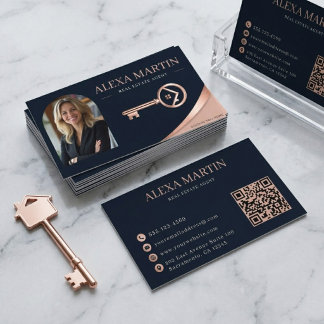 Rose Gold Schlüssel Foto QR Code Immobilienmakler Visitenkarte