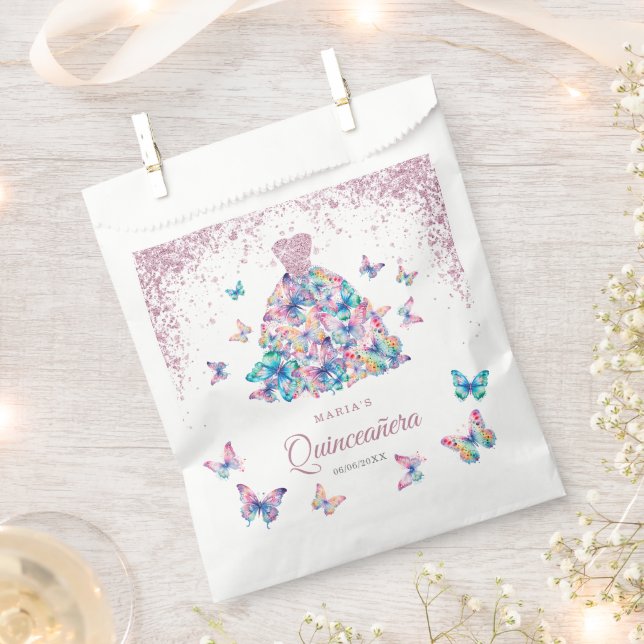 Rose Gold Schmetterlinge Gown Quinceanera Geschenktütchen (Ausgeschnitten)