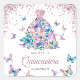Rose Gold Schmetterlinge Gown Quinceanera Quadratischer Aufkleber