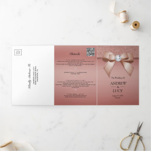 Rose Gold Schmuck Juwel Bogen QR Code Hochzeit Dreifach Gefaltete Einladung