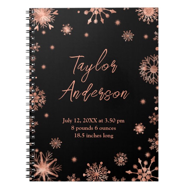 Rose-Gold-Schneeflocken auf schwarzen Geburtsstadi Notizblock (Vorderseite)