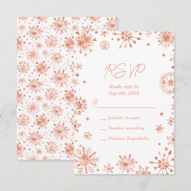 Rose Gold Schneeflocken Winter RSVP Karte (Vorne/Hinten)