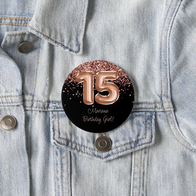 Rose Gold Schwarz 15. Geburtstagsfeier Button (Beispiel)