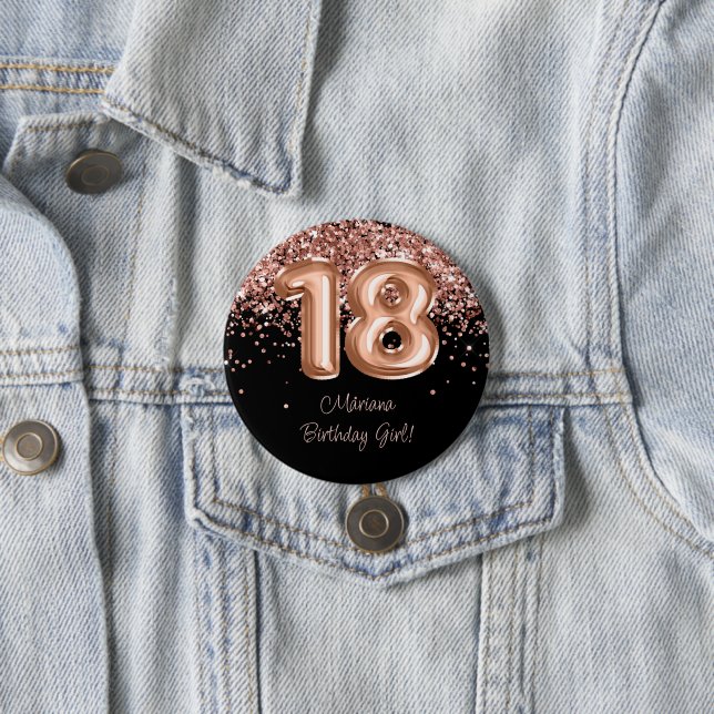 Rose Gold Schwarz 18. Geburtstagsfeier Button (Beispiel)