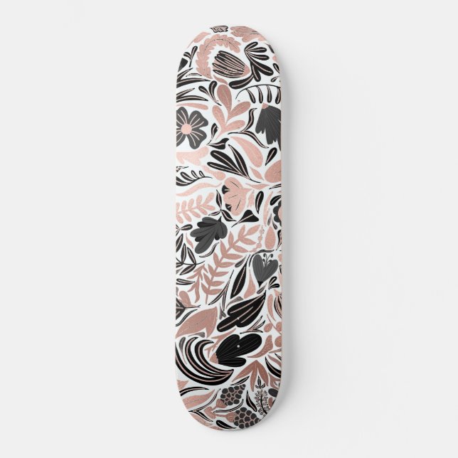 Rose Gold Schwarz Floral Leaf Illustration Muster Skateboard (Vorderseite)