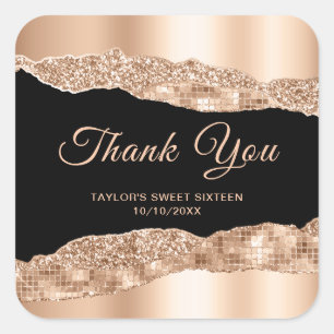 Rose Gold Schwarz Glam Tränen Sweet Sixteen Danke Quadratischer Aufkleber