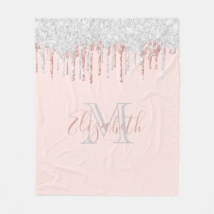 Rose gold Schwarz Glitzer Tropfen mit Monogramm Fleecedecke