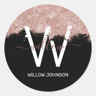 Rose Gold Schwarz Rosa Girl Glitzer Staubmonogramm Runder Aufkleber