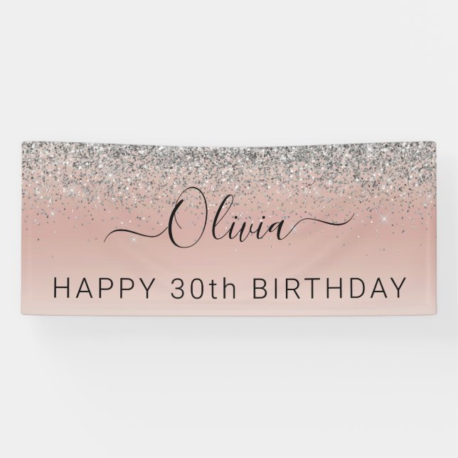 Rose Gold - Schwarz Rosa Silber Glitzer Monogramm Banner (Horizontal)