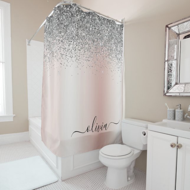 Rose Gold - Schwarz Rosa Silber Glitzer Monogramm Duschvorhang (Beispiel)