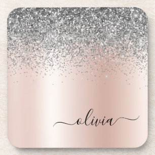 Rose Gold - Schwarz Rosa Silber Glitzer Monogramm Getränkeuntersetzer