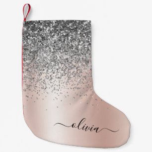 Rose Gold - Schwarz Rosa Silber Glitzer Monogramm Kleiner Weihnachtsstrumpf