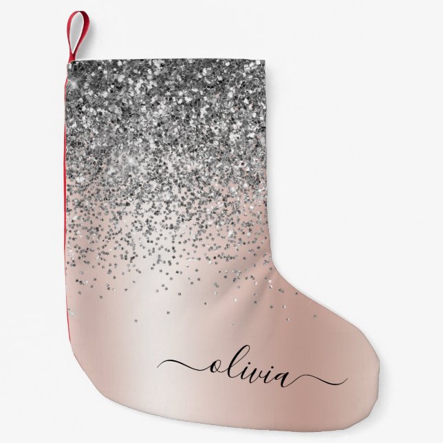 Rose Gold - Schwarz Rosa Silber Glitzer Monogramm Kleiner Weihnachtsstrumpf (Vorderseite)