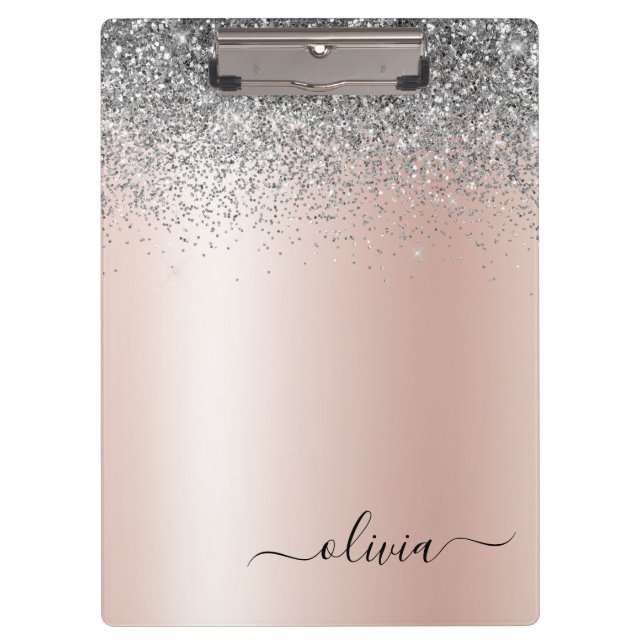 Rose Gold - Schwarz Rosa Silber Glitzer Monogramm Klemmbrett (Vorderseite)