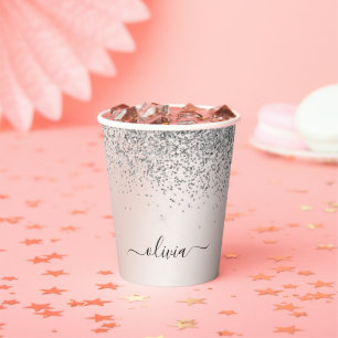 Rose Gold - Schwarz Rosa Silber Glitzer Monogramm Pappbecher